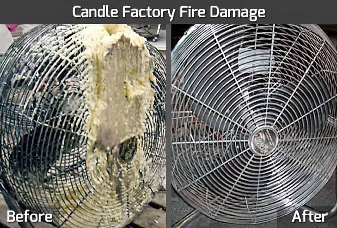 The image displays a metal fan before and after being damaged in a candle factory fire. Initially, it is covered in melted wax, and after cleaning, it appears functional and in good condition.