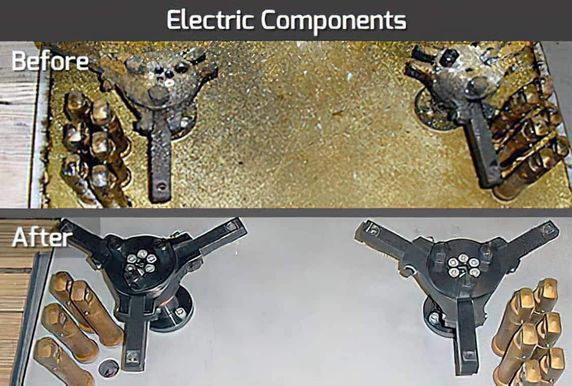 A before and after comparison of an assortment of electrical components. In the before image, the electrical components are dark and dirty, while in the after image, it is clean, polished, and has a shiny finish.