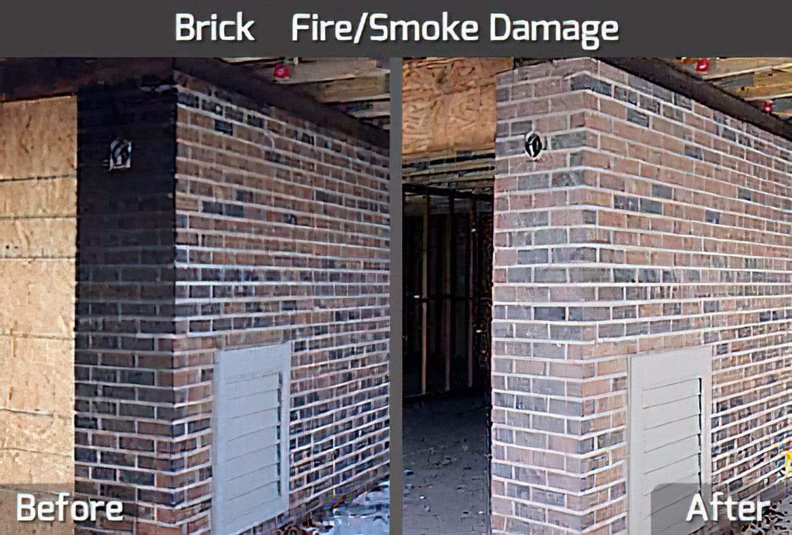 A side-by-side comparison of a brick wall before and after being cleaned from fire and smoke damage. The left side shows the wall blackened by smoke, while the right side shows the wall restored to its original brick colors.