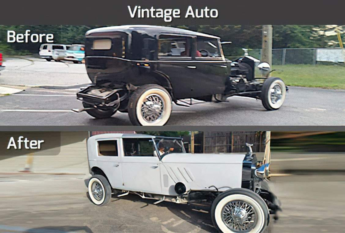 A vintage car’s transformation from a black, partially disassembled state to a fully restored, polished white automobile.
