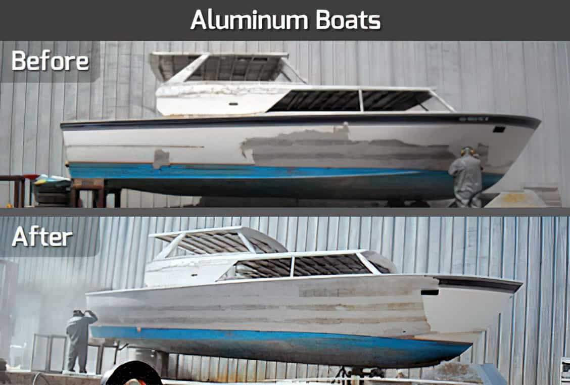 A before and after comparison of an large aluminum boat. In the before image, the boat has white and blue paint, while in the after image, it is clean, and has a shiny silver finish.